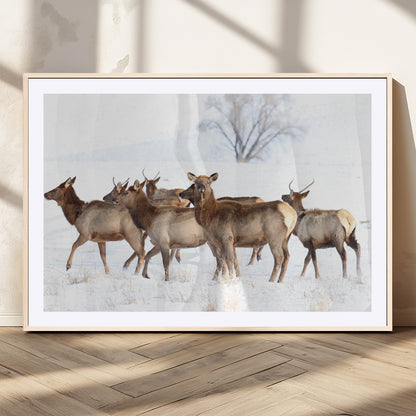 68738684-MGV-CV-36X24-Winter Elk Scene Wall Art Canvas Print, Framed Wildlife Photography Art Picture Print, Snowy Deer Decor Perfect Rustic Lodge Decor