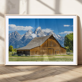 75948467-MGC-FP-36x24_Natural-Mountain Barn Scene Wall Art Canvas Print, Framed Rustic Farmhouse Style Art Picture Print, Country Cabin Decor Perfect Rustic