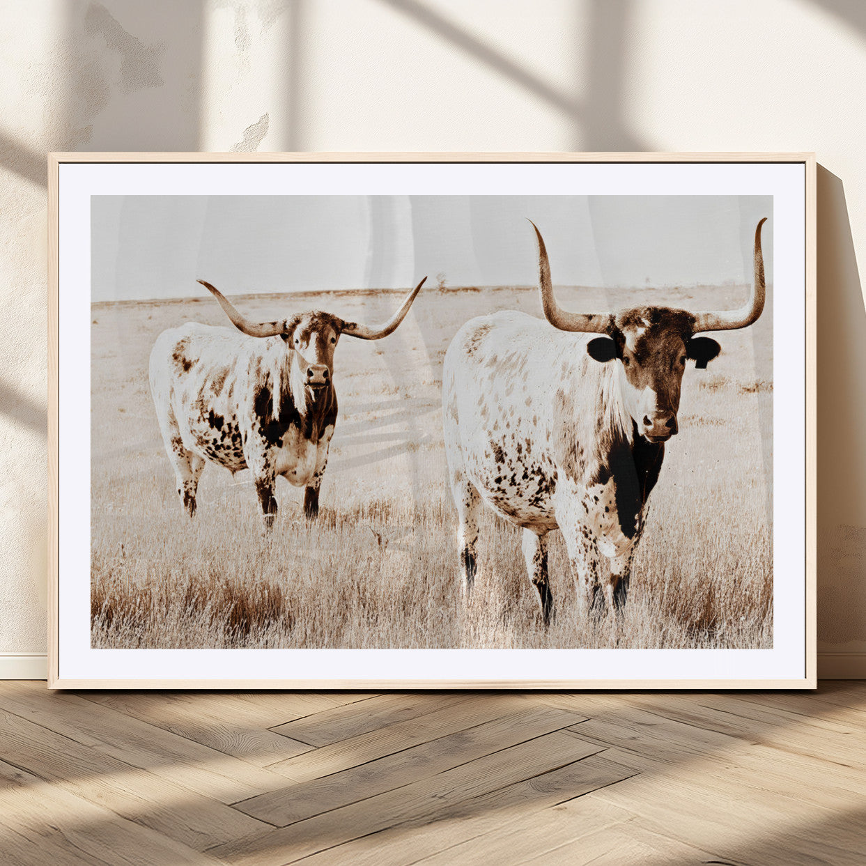 39672786-MGC-FP-36x24_Natural-Rustic Cow Scene Wall Art Canvas Print, Framed Farmhouse Style Cattle Art Picture Print, Prairie Animal Duo Perfect Rustic Western