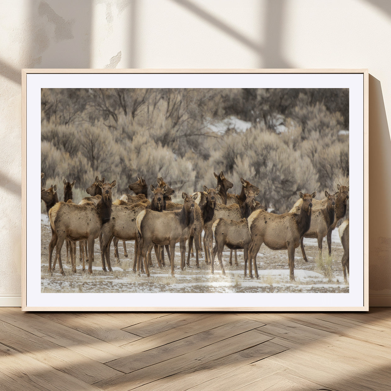 90269422-MGV-CV-36X24-Elk Herd Scene Wall Art Canvas Print, Framed Rustic Wildlife Decor Art Picture Print, Western Cabin Style Perfect Rustic Lodge