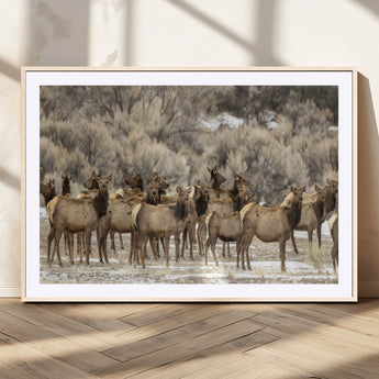 90269422-MGV-CV-36X24-Elk Herd Scene Wall Art Canvas Print, Framed Rustic Wildlife Decor Art Picture Print, Western Cabin Style Perfect Rustic Lodge