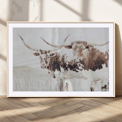 48161868-MGC-FP-36x24_Natural-Longhorn Cow Decor Wall Art Canvas Print, Framed Rustic Cattle Art Picture Print, Sepia Western Vibe Perfect Neutral Rustic