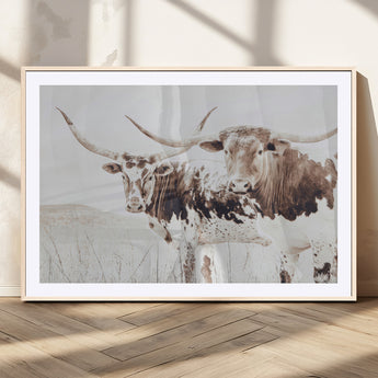 48161868-MGV-CV-36X24-Longhorn Cow Decor Wall Art Canvas Print, Framed Rustic Cattle Art Picture Print, Sepia Western Vibe Perfect Neutral Rustic