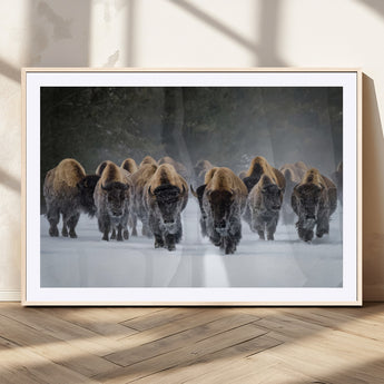 41669135-MGC-FP-36x24_Natural-Bison Herd Scene Wall Art Canvas Print, Framed Rustic Wildlife Decor Art Picture Print, Snowy Bison Landscape Perfect Rustic