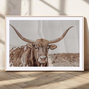 77810049-MGC-FP-36x24_Natural-Longhorn Bull Photo Wall Art Canvas Print, Framed Rustic Cow Decor Art Picture Print, Neutral Farmhouse Style Perfect Rustic