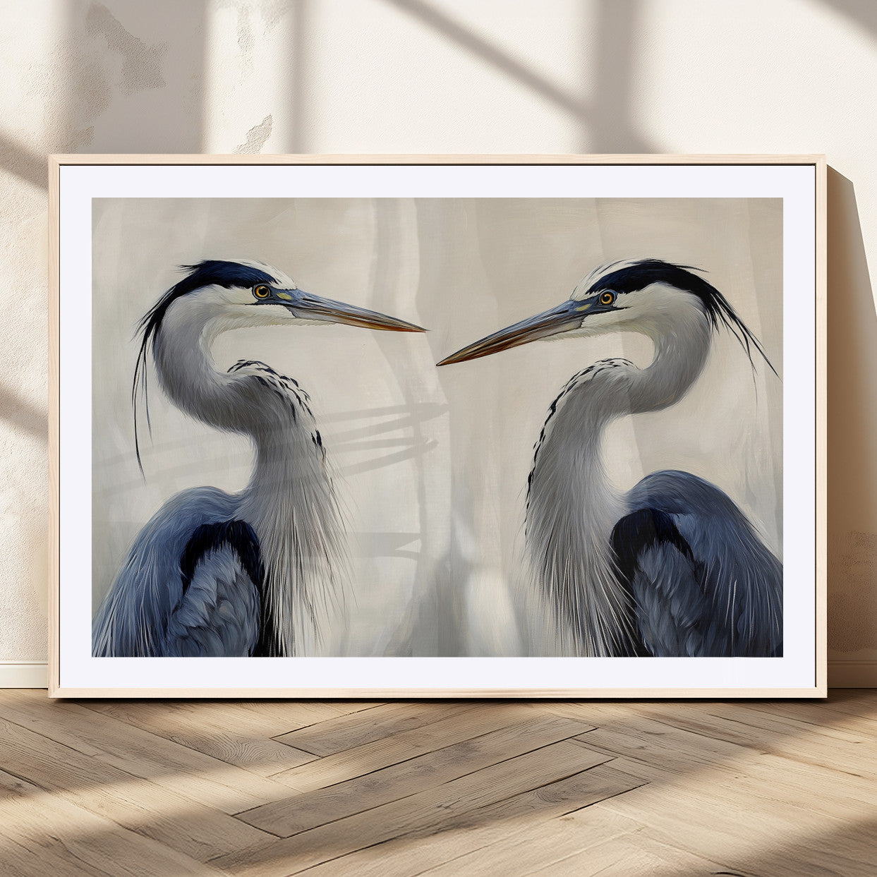 18230556-MGV-CV-36X24-Blue Heron Pair Wall Art Canvas Print, Framed Coastal Bird Theme Art Picture Print, Tranquil Wildlife Scene Perfect Coastal