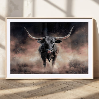 71457818-MGV-CV-36X24-Longhorn Wall Art Wall Art Canvas Print, Framed Western Bull Canvas Art Picture Print, Rustic Cow Decor Perfect Western Dramatic