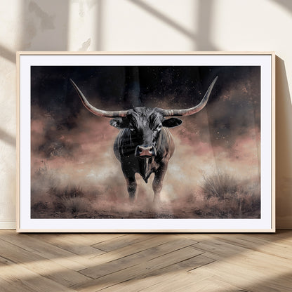 71457818-MGV-CV-36X24-Longhorn Wall Art Wall Art Canvas Print, Framed Western Bull Canvas Art Picture Print, Rustic Cow Decor Perfect Western Dramatic