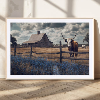 51092814-MGV-CV-36X24-Texas Longhorn Wall Art Wall Art Canvas Print, Framed Rustic Barn Canvas Art Picture Print, Farmhouse Cow Decor Perfect Rustic