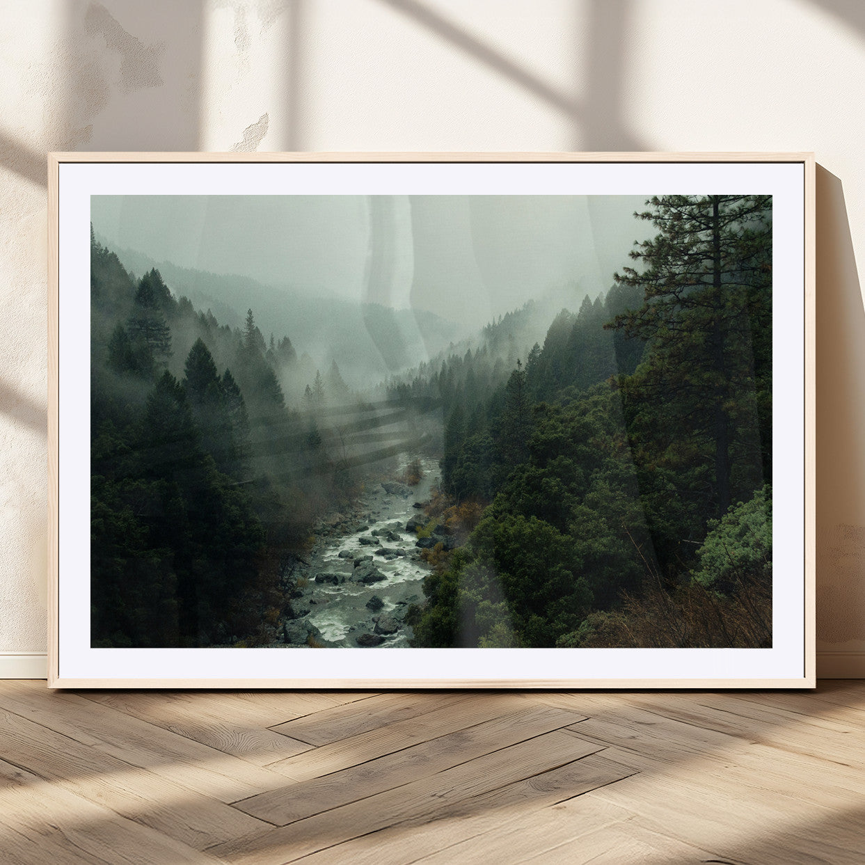 48497565-MGV-CV-36X24-Misty Forest Wall Art Canvas Print, Framed Foggy River Art Picture Print, Moody Landscape Perfect Moody Wilderness Decor Artwork