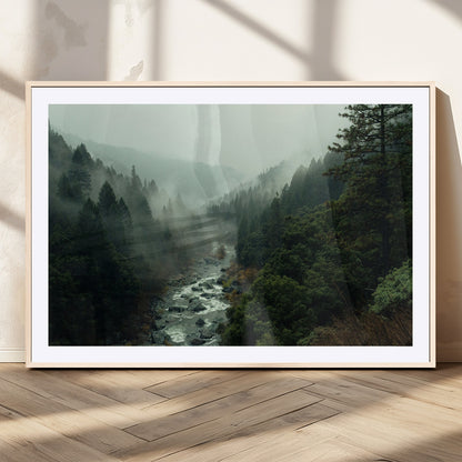 48497565-MGV-CV-36X24-Misty Forest Wall Art Canvas Print, Framed Foggy River Art Picture Print, Moody Landscape Perfect Moody Wilderness Decor Artwork