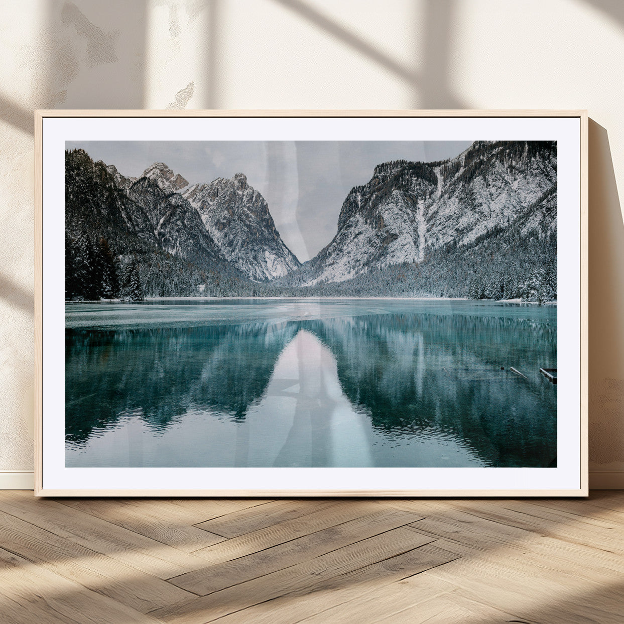 73098373-MGV-CV-36X24-Mountain Lake Wall Art Canvas Print, Framed Winter Wonderland Art Picture Print, Snowy Peaks Perfect Modern Nature Decor Artwork