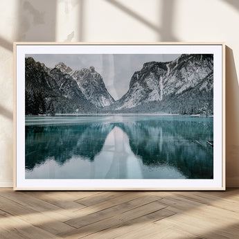 73098373-MGV-CV-36X24-Mountain Lake Wall Art Canvas Print, Framed Winter Wonderland Art Picture Print, Snowy Peaks Perfect Modern Nature Decor Artwork