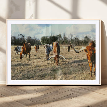 39144651-MGV-CV-36X24-Texas Longhorns Wall Art Canvas Print, Framed Rustic Farm Scene Art Picture Print, Western Cattle Perfect Rustic Farmhouse Decor