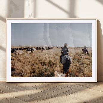 22431577-MGV-CV-36X24-Western Wall Art Wall Art Canvas Print, Framed Cowboy Canvas Art Picture Print, Cattle Drive Scene Perfect Rustic Western Decor