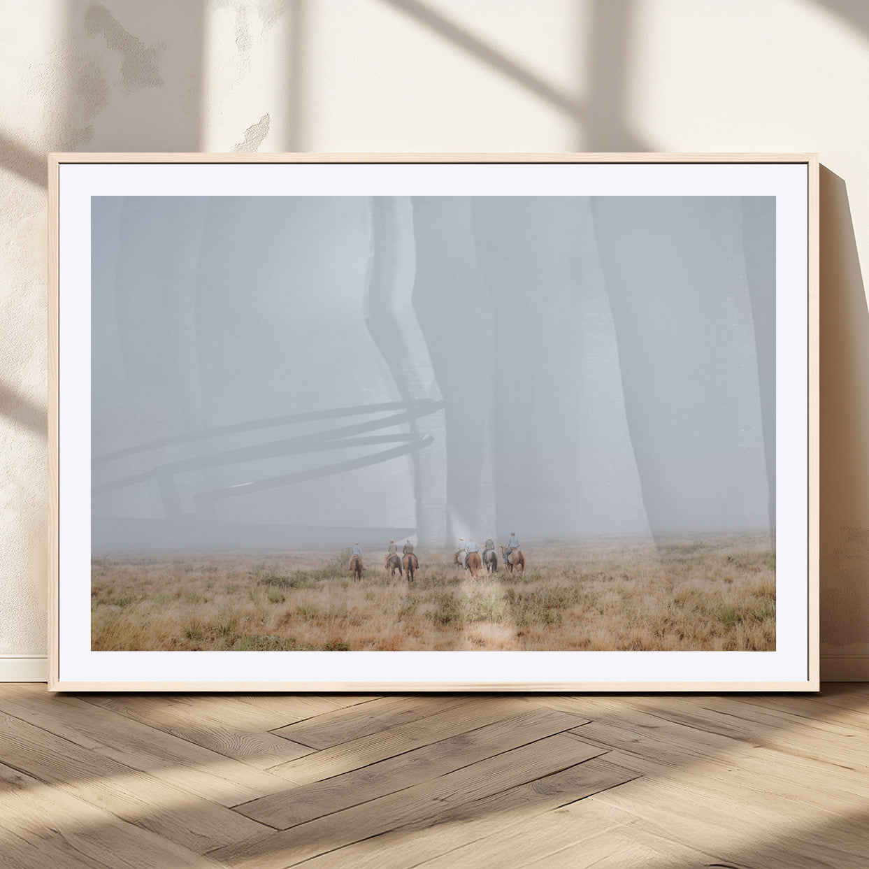 14761944-MGV-CV-36X24-Foggy Plains Wall Art Canvas Print, Framed Horseback Riders Art Picture Print, Rustic Western Perfect Rustic Western Decor Artwork