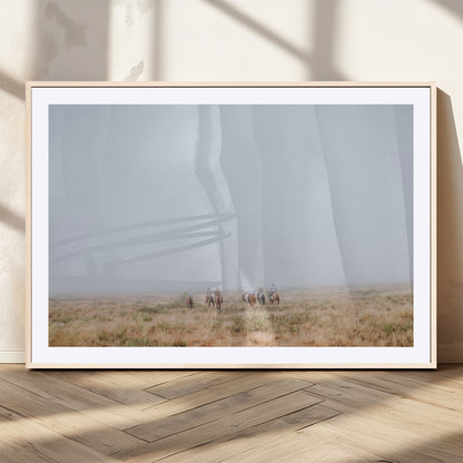 14761944-MGV-CV-36X24-Foggy Plains Wall Art Canvas Print, Framed Horseback Riders Art Picture Print, Rustic Western Perfect Rustic Western Decor Artwork