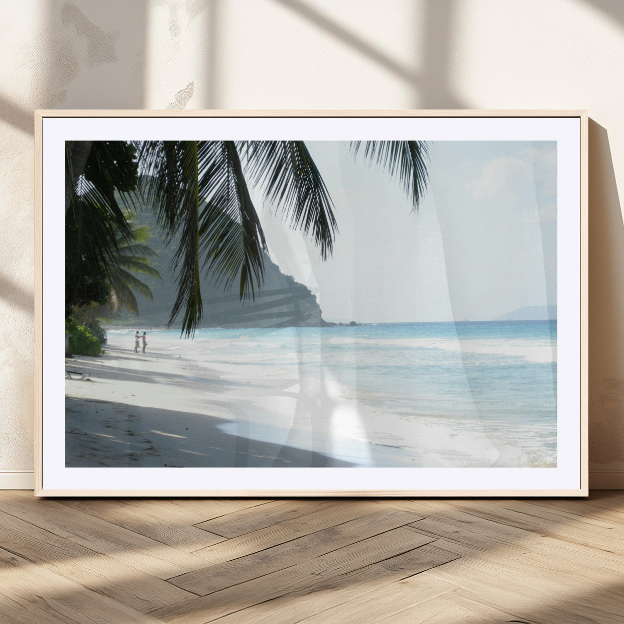 18311030-MGV-CV-36X24-Tropical Beach Wall Art Canvas Print, Framed Serene Ocean Art Picture Print, Palm Tree Shadows Perfect Tropical Coastal Decor