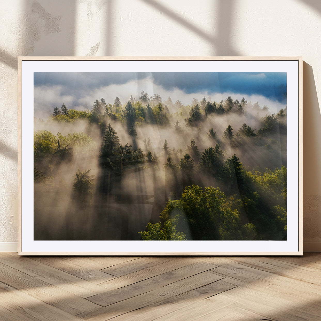 14785710-MGV-CV-36X24-Tranquil Forest Scene Wall Art Canvas Print, Framed Sunbeam Through Trees Art Picture Print, Moody Green Wall Art Perfect