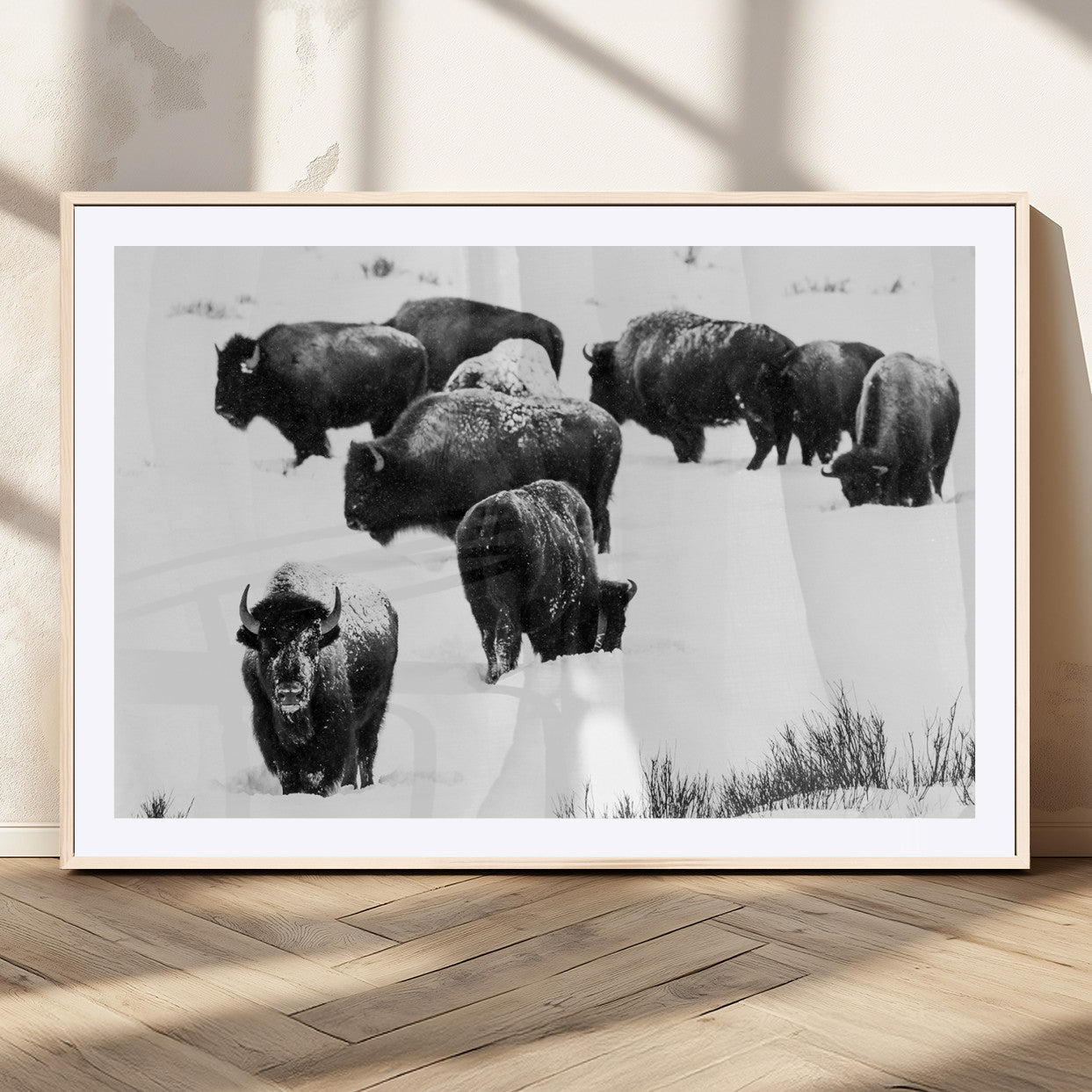 18914414-MGV-CV-36X24-Buffalo Herd Wall Art Canvas Print, Framed Black and White Art Picture Print, Snowy Landscape Perfect Rustic Lodge Decor Decor