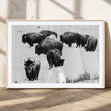 18914414-MGV-CV-36X24-Buffalo Herd Wall Art Canvas Print, Framed Black and White Art Picture Print, Snowy Landscape Perfect Rustic Lodge Decor Decor