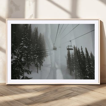 87018452-MGV-CV-36X24-Ski Lift Wall Art Canvas Print, Framed Snowy Pines Art Picture Print, Misty Landscape Perfect Winter Serenity Decor Artwork