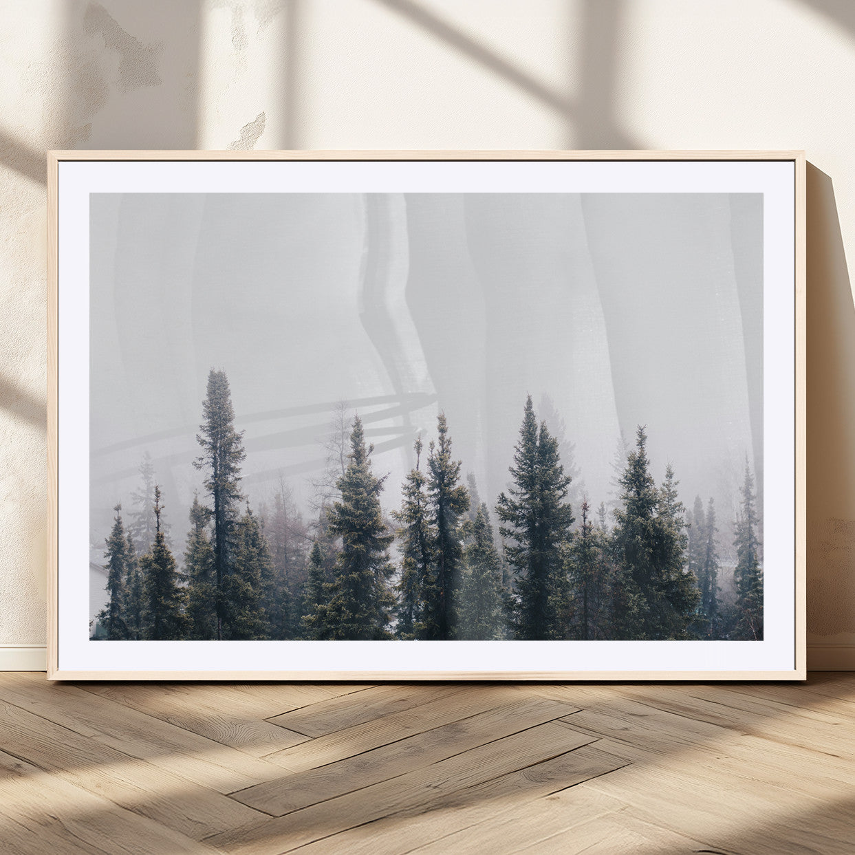 42364796-MGV-CV-36X24-Foggy Forest Wall Art Canvas Print, Framed Misty Pines Art Picture Print, Moody Woodland Perfect Scandinavian Minimalist Decor