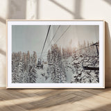 91534512-MGV-CV-36X24-Frosty Pines Wall Art Canvas Print, Framed Cozy Cabin View Art Picture Print, Ski Lift Ride Perfect Rustic Lodge Decor Artwork