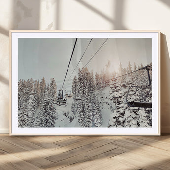 91534512-MGV-CV-36X24-Frosty Pines Wall Art Canvas Print, Framed Cozy Cabin View Art Picture Print, Ski Lift Ride Perfect Rustic Lodge Decor Artwork