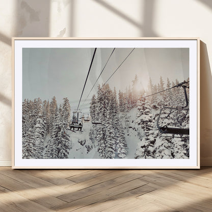 91534512-MGV-CV-36X24-Frosty Pines Wall Art Canvas Print, Framed Cozy Cabin View Art Picture Print, Ski Lift Ride Perfect Rustic Lodge Decor Artwork