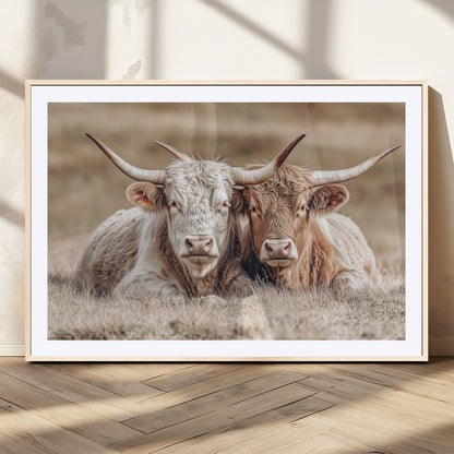 38651722-MGV-CV-36X24-Cow Wall Art – Rustic Longhorn Pair Canvas Print, Western Farmhouse Animal Painting, Country Ranch Decor for Living Room, Bedroom,