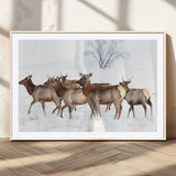 41416314-MGV-CV-36X24-Elk Wall Art – Wildlife Herd Canvas Print in Snowy Landscape, Rustic Nature Painting, Western Cabin Lodge Decor for Living Room,