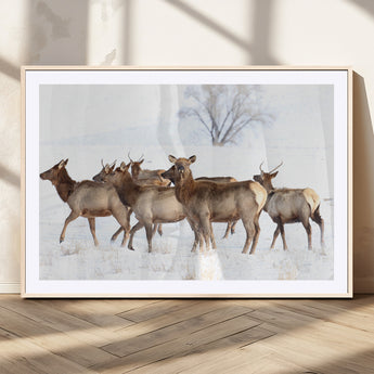 41416314-MGV-CV-36X24-Elk Wall Art – Wildlife Herd Canvas Print in Snowy Landscape, Rustic Nature Painting, Western Cabin Lodge Decor for Living Room,