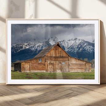 15173627-MGV-CV-36X24-Barn Wall Art – Rustic Wooden Cabin Canvas Print with Snowy Mountain Landscape, Western Farmhouse Country Decor for Living Room,