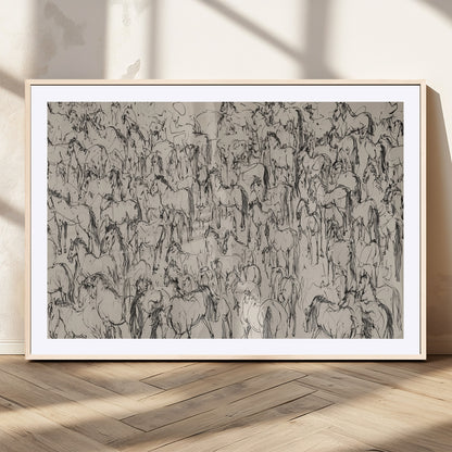 12358908-MGC-FP-36x24_Natural-Horse Herd Sketch Wall Art – Abstract Wild Horses Line Drawing Canvas Print, Rustic Western Style Equestrian Decor for Living
