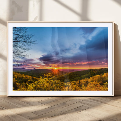 25786346-MGC-FP-36x24_Natural-Sunset Over Mountains Wall Art – Nature Landscape Canvas Print, Golden Hour Forest Photography, Scenic Sunrise Artwork for Living