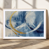 42475677-MGC-FP-36x24_Natural-Blue and Gold Abstract Wall Art – Modern Luxury Canvas Print, Navy White Brushstroke Painting, Contemporary Home Office Living
