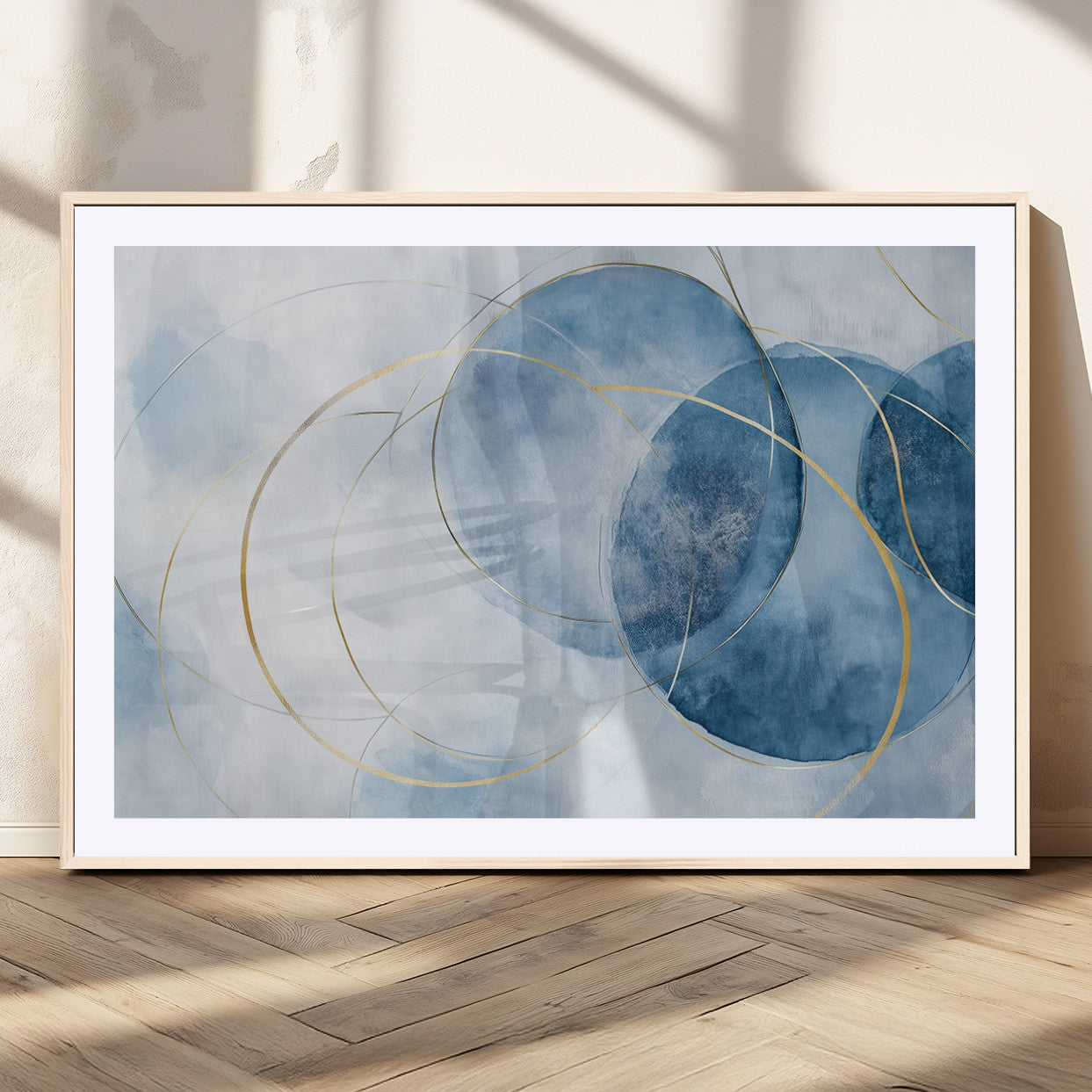 47060443-MGC-FP-36x24_Natural-Blue Abstract Circle Wall Art – Modern Gold and Navy Canvas Print, Minimalist Geometric Painting for Living Room, Bedroom, Office