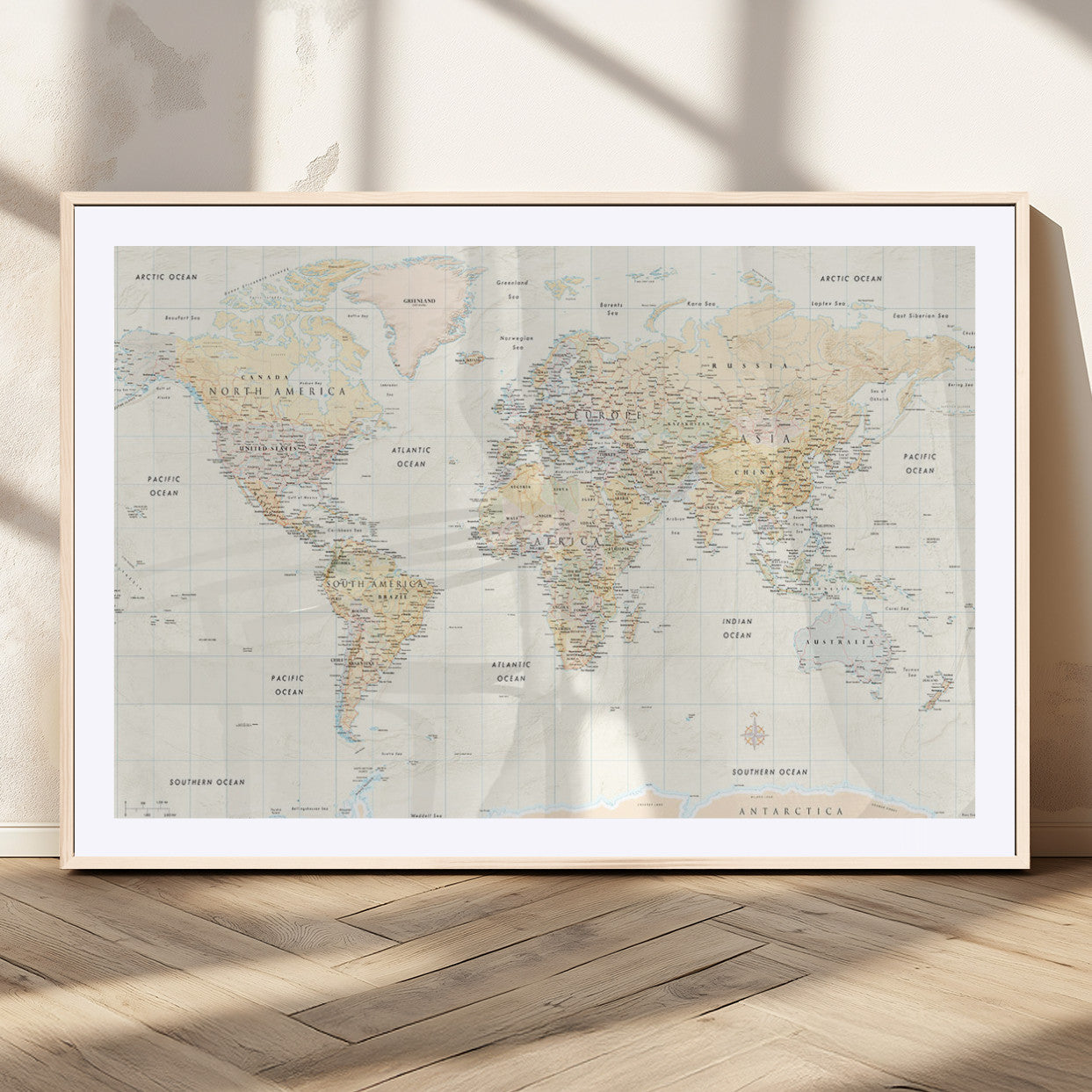 40660043-MGC-FP-36x24_Natural-World Map Wall Art – Large Detailed Atlas Style Map Print with Countries, Cities, and Oceans, Neutral Beige and Tan Educational