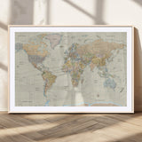 41929777-MGC-FP-36x24_Natural-World Map Wall Art – Large Detailed Political Atlas Style Map Print with Countries, Cities, and Oceans, Warm Earth Tone
