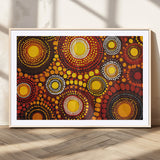 81120549-MGC-FP-36x24_Natural-Abstract Dot Painting Wall Art – Vibrant Tribal Boho Style Canvas Print with Sunburst Mandala Circles in Warm Red, Yellow, Orange