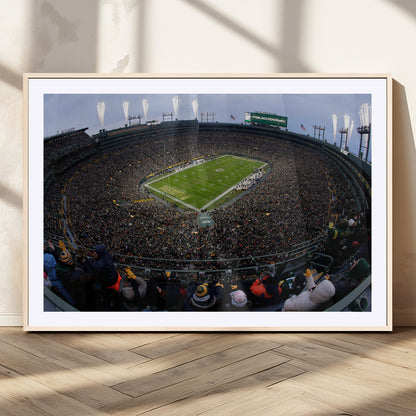 14387817-MGC-FP-36x24_Natural-Lambeau Field Stadium Wall Art – Green Bay Packers Game Day Canvas Print with Fireworks and Crowd – NFL Football Fan Man Cave