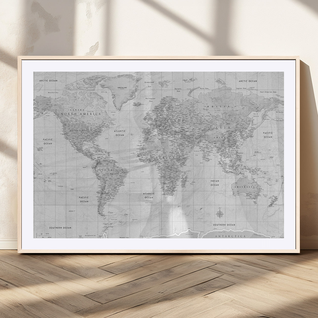10516725-MGC-FP-36x24_Natural-Black and White World Map Wall Art – Minimalist Grayscale Canvas Print – Modern Detailed Travel Map Poster for Home, Office, or