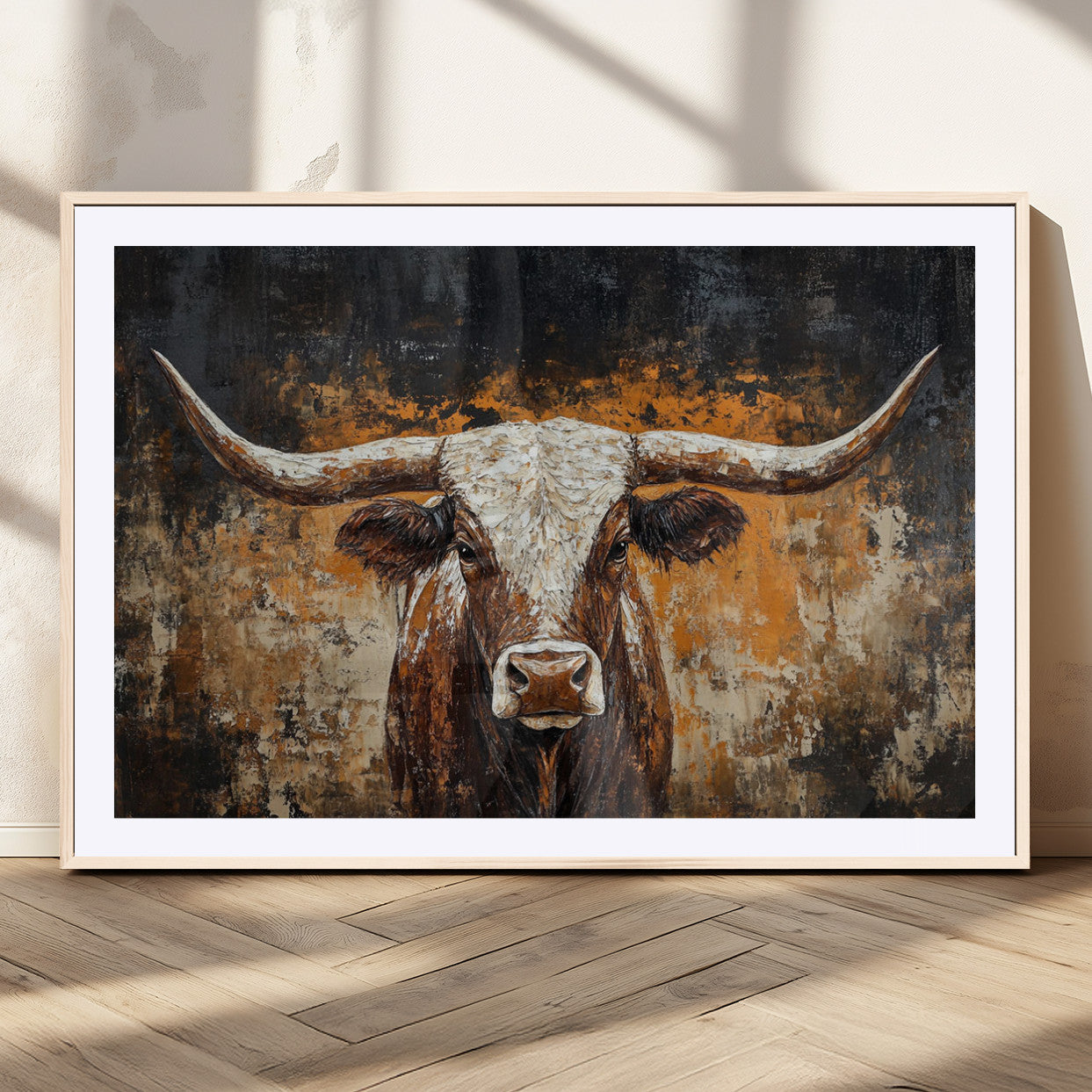 25265572-MGC-FP-36x24_Natural-Longhorn Bull Wall Art – Rustic Western Texas Steer Canvas Print, Textured Animal Painting for Home, Office, Man Cave or Farmhouse