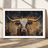25265572-MGC-FP-36x24_Natural-Longhorn Bull Wall Art – Rustic Western Texas Steer Canvas Print, Textured Animal Painting for Home, Office, Man Cave or Farmhouse