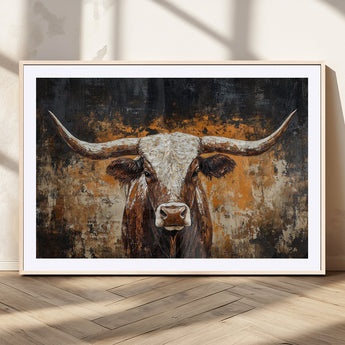 25265572-MGC-FP-36x24_Natural-Longhorn Bull Wall Art – Rustic Western Texas Steer Canvas Print, Textured Animal Painting for Home, Office, Man Cave or Farmhouse