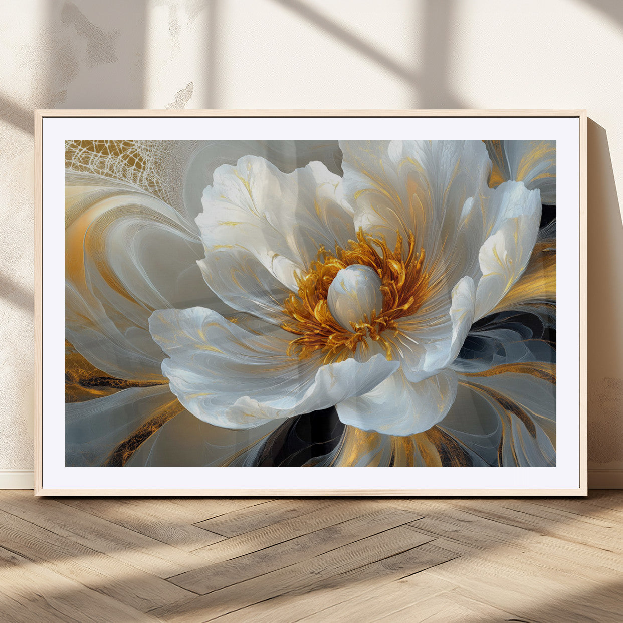 39604126-MGV-CV-36X24-Abstract Flower Wall Art – Elegant White and Gold Bloom Canvas Print, Modern Floral Artwork for Bedroom, Living Room, or Office