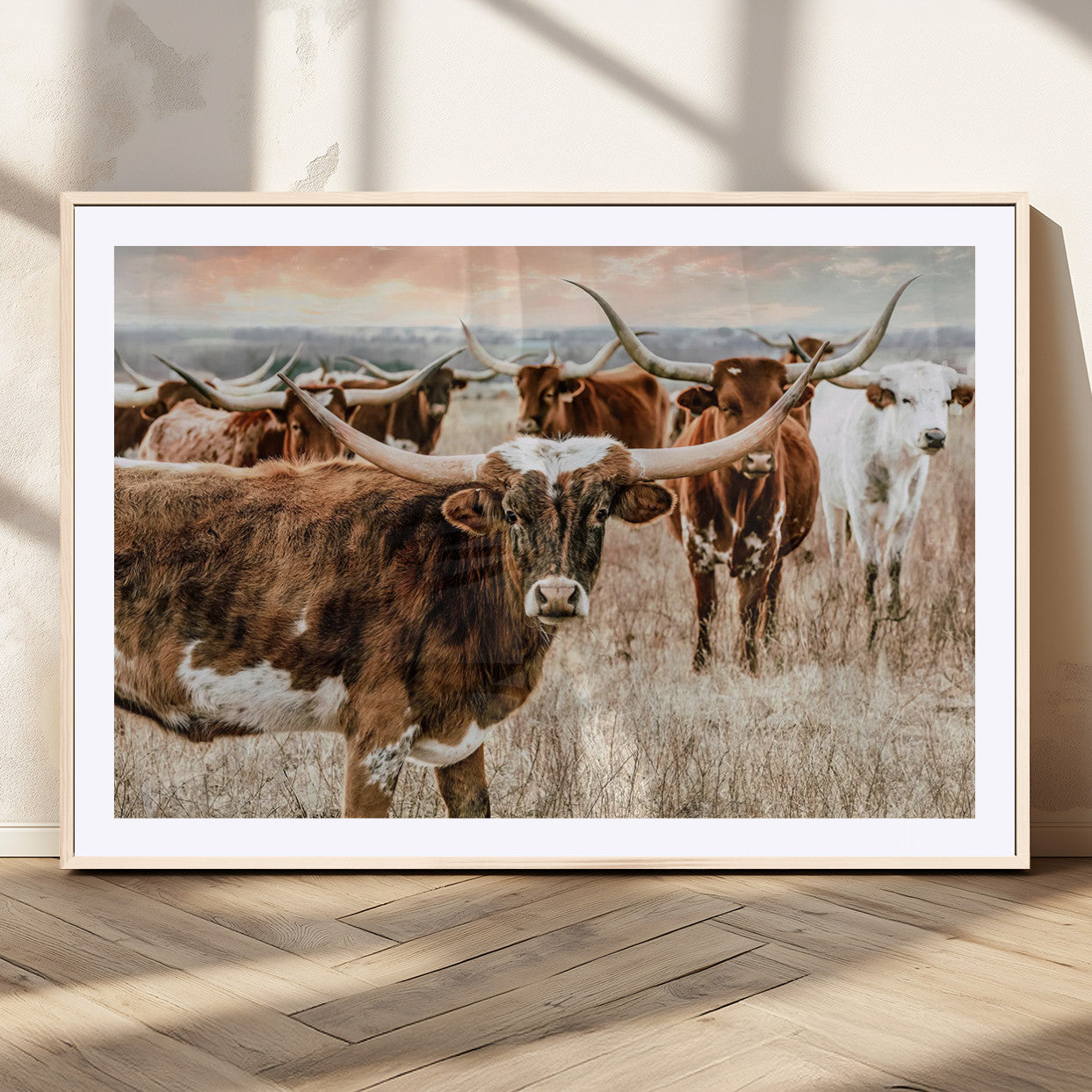 47758300-MGC-FP-36x24_Natural-Texas Longhorn Cattle Wall Art – Rustic Western Herd Canvas Print, Cowboy Ranch Farmhouse Decor for Living Room, Office, or