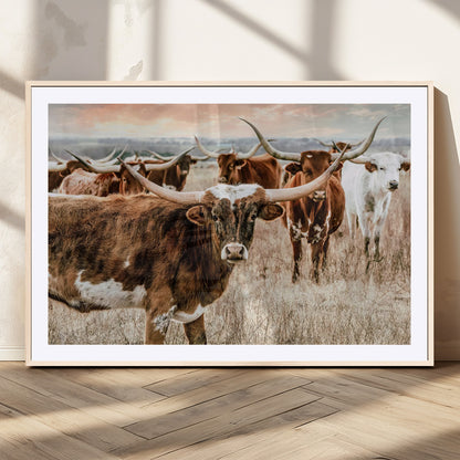 47758300-MGC-FP-36x24_Natural-Texas Longhorn Cattle Wall Art – Rustic Western Herd Canvas Print, Cowboy Ranch Farmhouse Decor for Living Room, Office, or