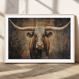 19204445-MGV-CV-36X24-Texas Longhorn Bull Wall Art – Rustic Western Canvas Print, Bold Cowboy Cattle Painting for Ranch House, Farmhouse, Office, or